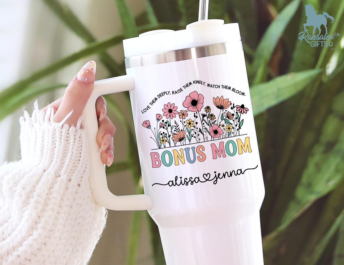 Personalized Bonus Mom Tumbler – Wild Flowers Kids' Custom Name – Unique Bonus Mom Travel Cup - Mother's Day Gift