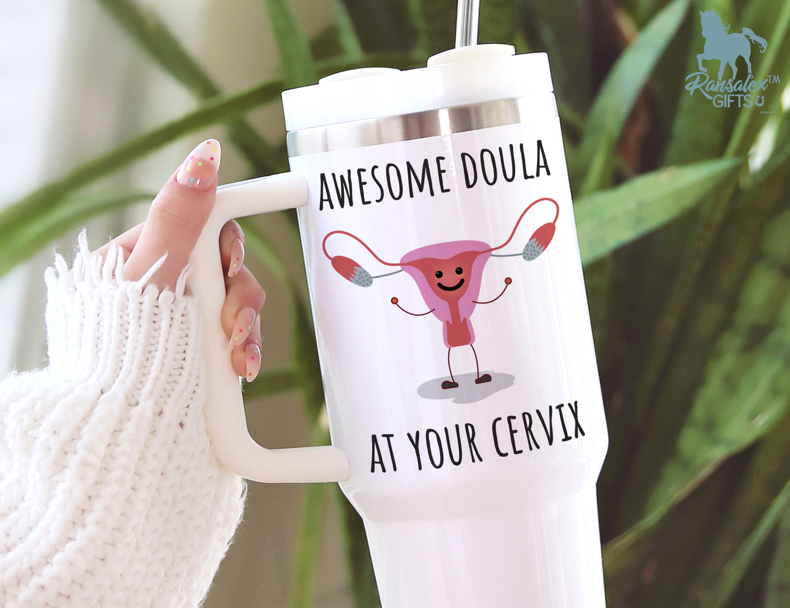 Awesome Doula At Your Cervix Funny 40oz Tumbler with Handle - Appreciation Gift for Doulas