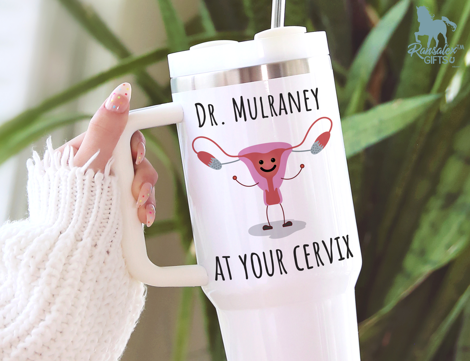 Funny Personalized/Custom OB/GYN Dr 40oz Tumbler With Handle - Name Doctor at Your Cervix