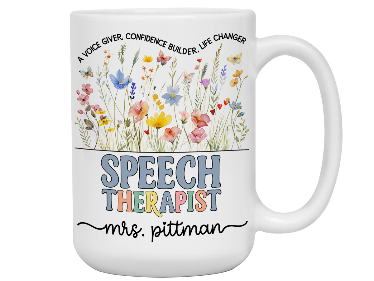 Personalized Speech Therapist Mug – Wildflower Custom Name Cup – Unique Speech Therapist  Appreciation Gifts