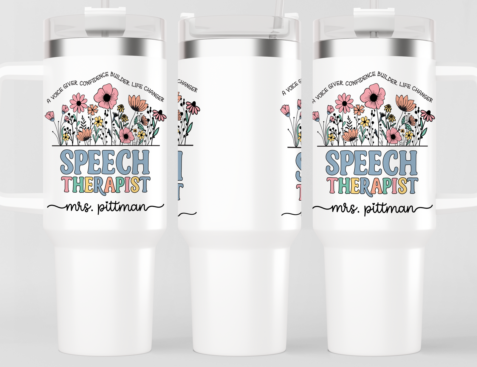 Personalized Speech Therapist Tumbler – Watercolor Wildflowers Custom Name and Quote – Unique Speech Therapist Gift