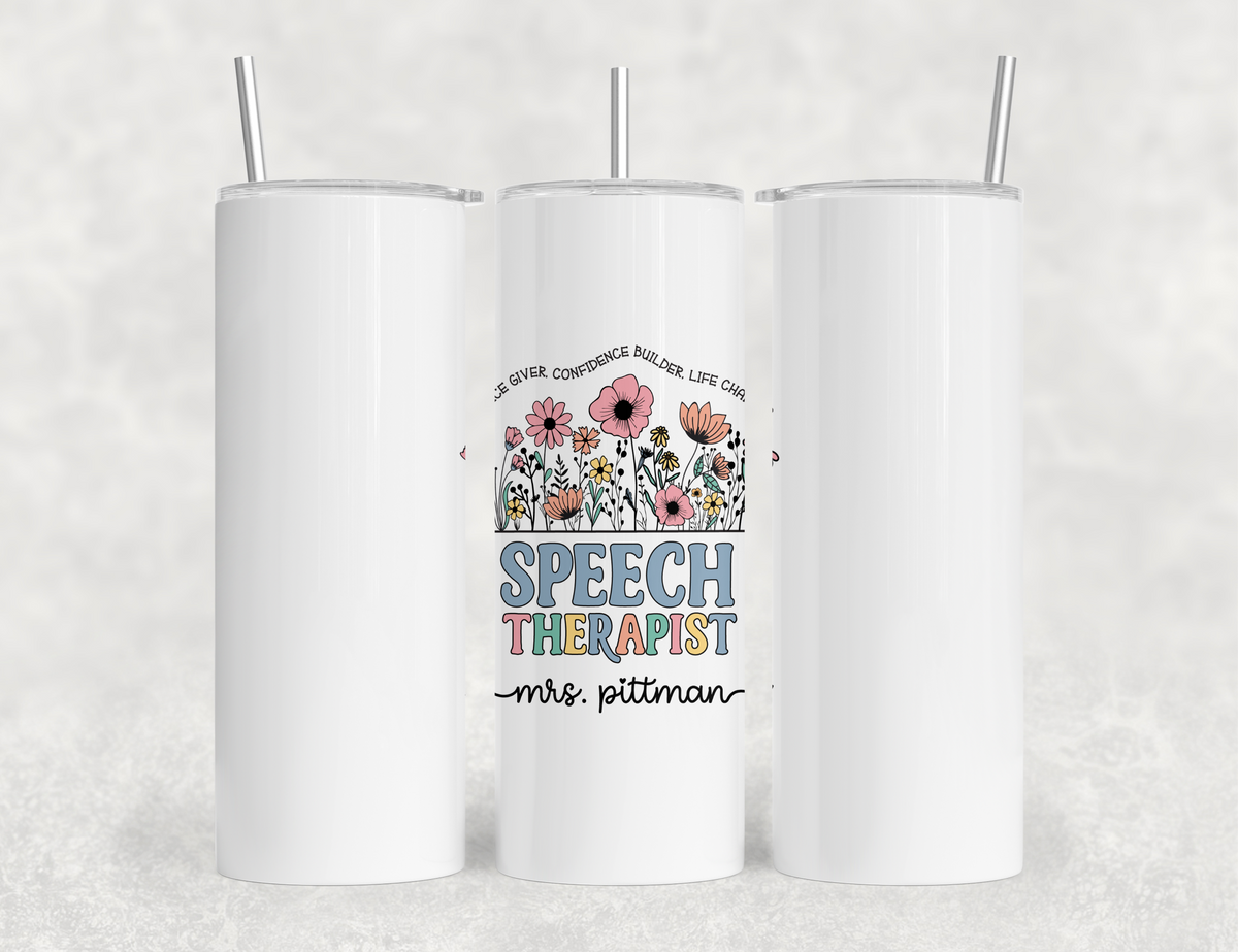 Personalized Speech Therapist Tumbler – Watercolor Wildflowers Custom Name and Quote – Unique Speech Therapist Gift