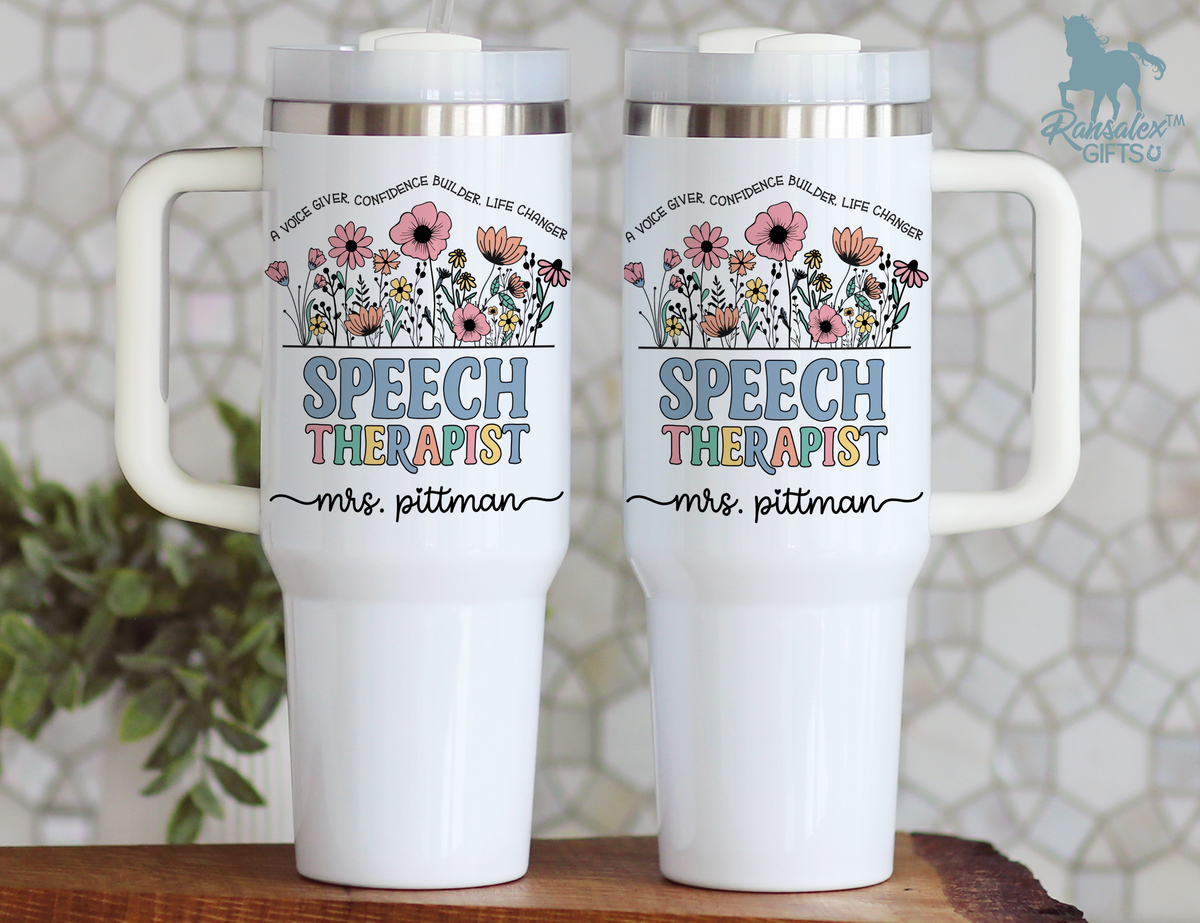 Personalized Speech Therapist Tumbler – Watercolor Wildflowers Custom Name and Quote – Unique Speech Therapist Gift