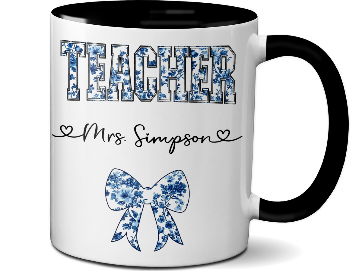 Personalized Teacher Mug – Blue Chinoiserie Flower Pattern with Custom Name & Bow – Unique Teacher Appreciation Gift
