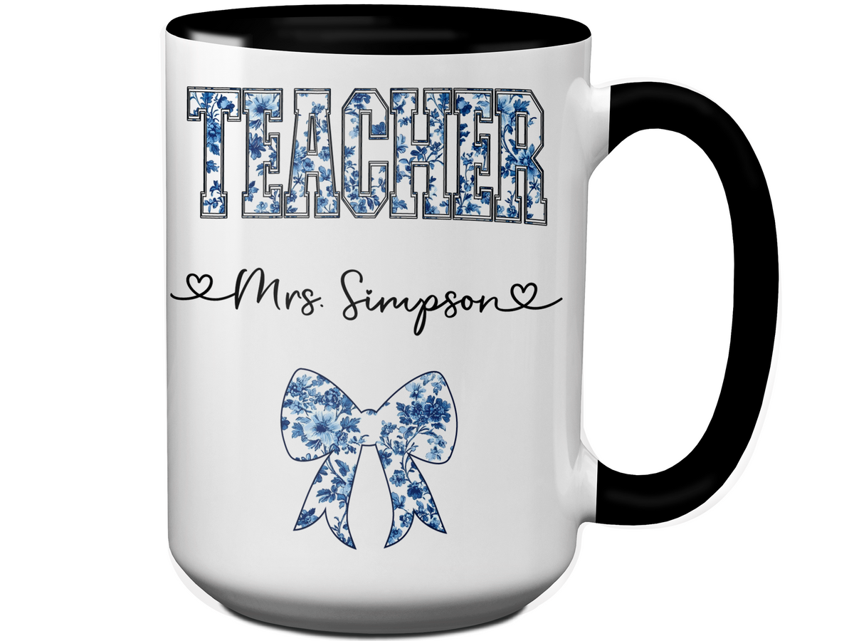 Personalized Teacher Mug – Blue Chinoiserie Flower Pattern with Custom Name & Bow – Unique Teacher Appreciation Gift