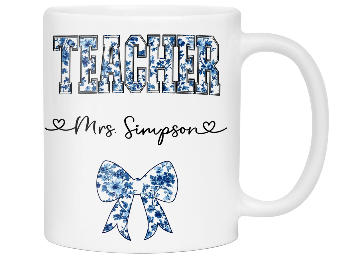 Personalized Teacher Mug – Blue Chinoiserie Flower Pattern with Custom Name & Bow – Unique Teacher Appreciation Gift