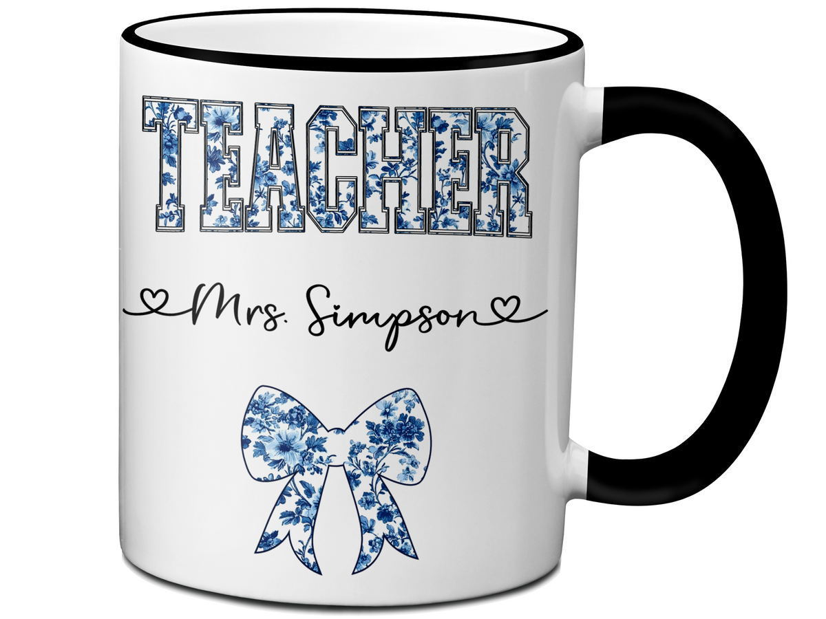 Personalized Teacher Mug – Blue Chinoiserie Flower Pattern with Custom Name &amp; Bow – Unique Teacher Appreciation Gift