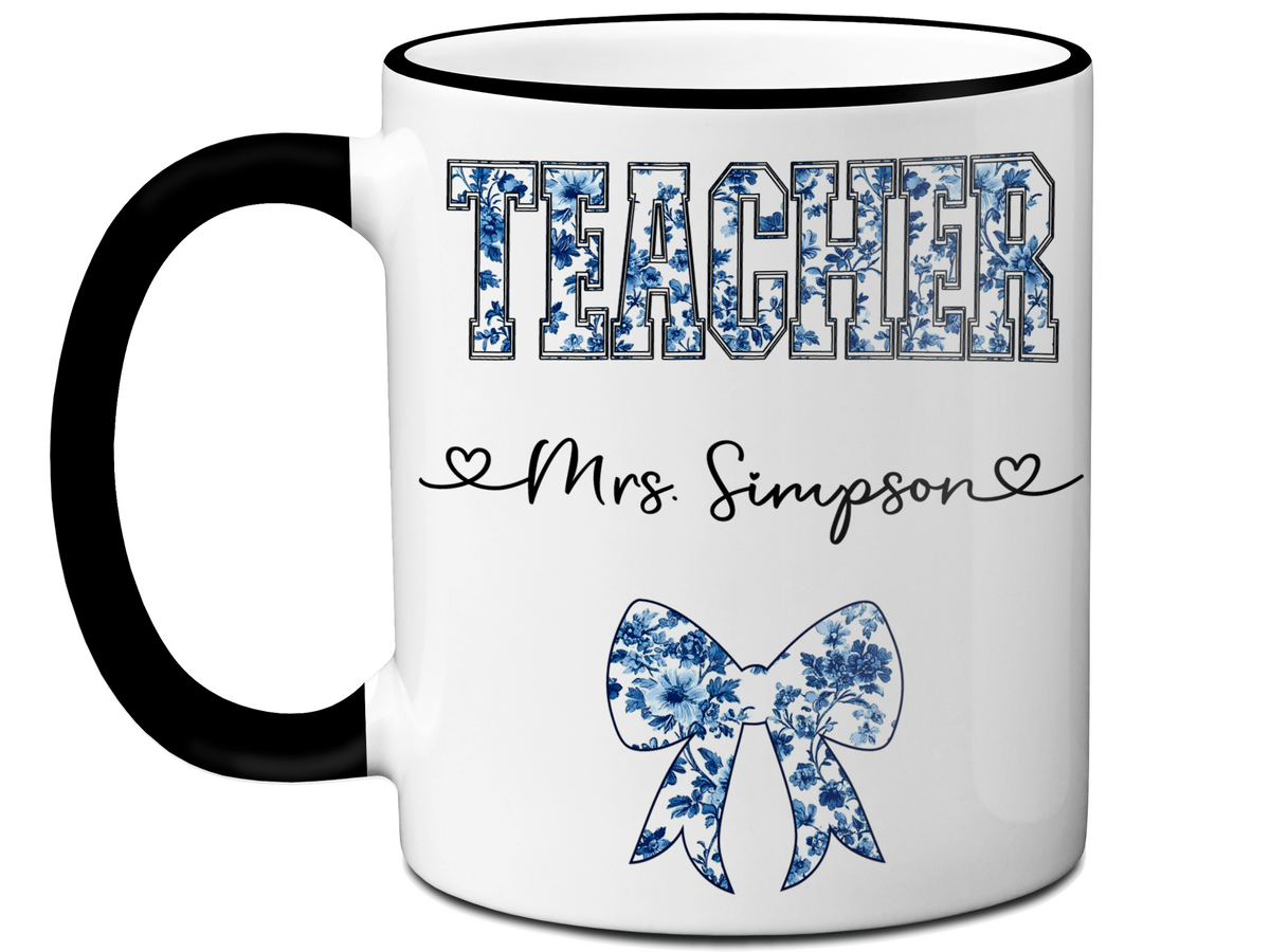 Personalized Teacher Mug – Blue Chinoiserie Flower Pattern with Custom Name & Bow – Unique Teacher Appreciation Gift