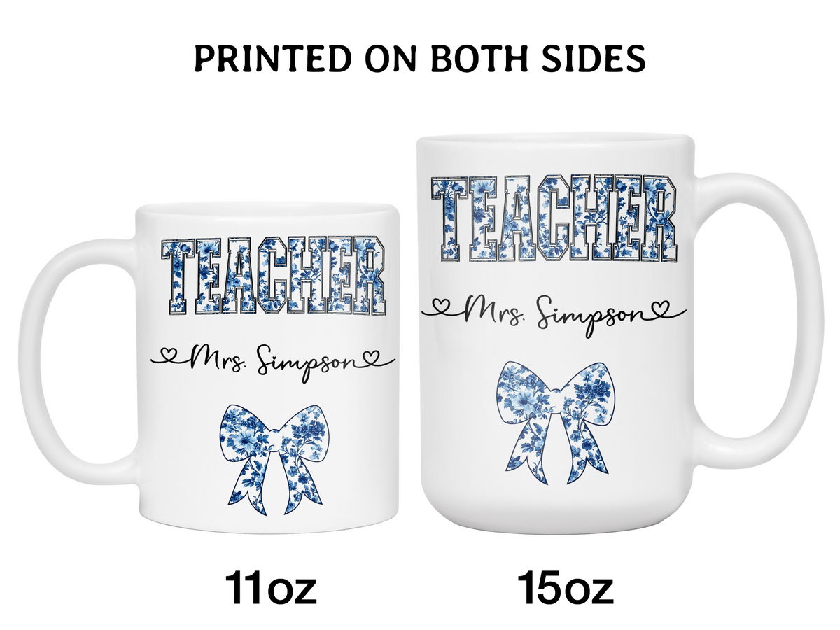 Personalized Teacher Mug – Blue Chinoiserie Flower Pattern with Custom Name & Bow – Unique Teacher Appreciation Gift