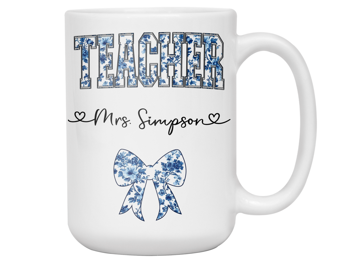 Personalized Teacher Mug – Blue Chinoiserie Flower Pattern with Custom Name & Bow – Unique Teacher Appreciation Gift