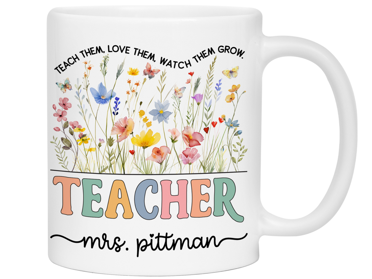 Personalized Teacher Mug – Wildflower Custom Name Cup – Unique Teacher Appreciation Gift Idea