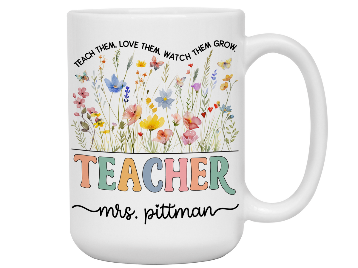 Personalized Teacher Mug – Wildflower Custom Name Cup – Unique Teacher Appreciation Gift Idea