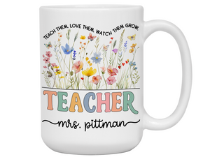 Personalized Teacher Mug – Wildflower Custom Name Cup – Unique Teacher Appreciation Gift Idea