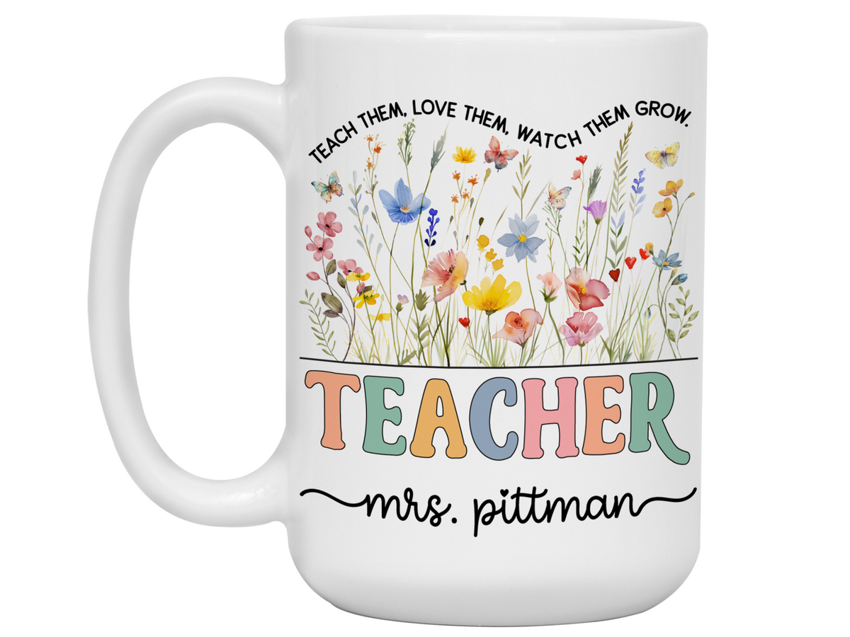 Personalized Teacher Mug – Wildflower Custom Name Cup – Unique Teacher Appreciation Gift Idea