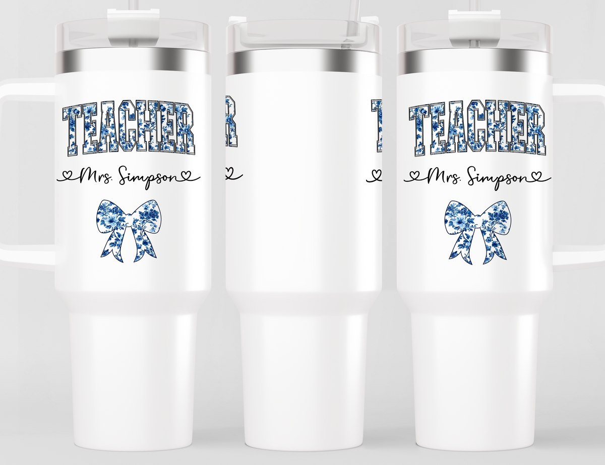 Personalized Teacher Tumbler – Blue Chinoiserie Flower Pattern with Custom Name & Bow – Unique Teacher Gift