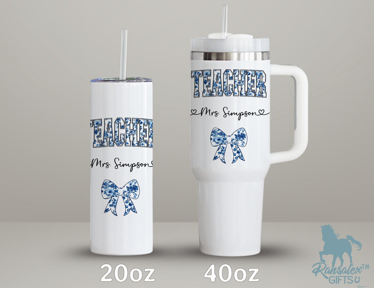 Personalized Teacher Tumbler – Blue Chinoiserie Flower Pattern with Custom Name & Bow – Unique Teacher Gift