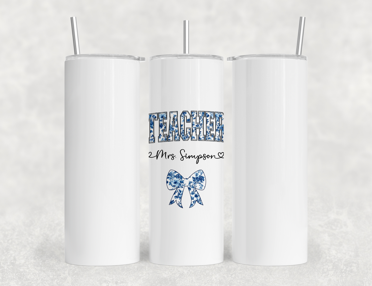 Personalized Teacher Tumbler – Blue Chinoiserie Flower Pattern with Custom Name & Bow – Unique Teacher Gift
