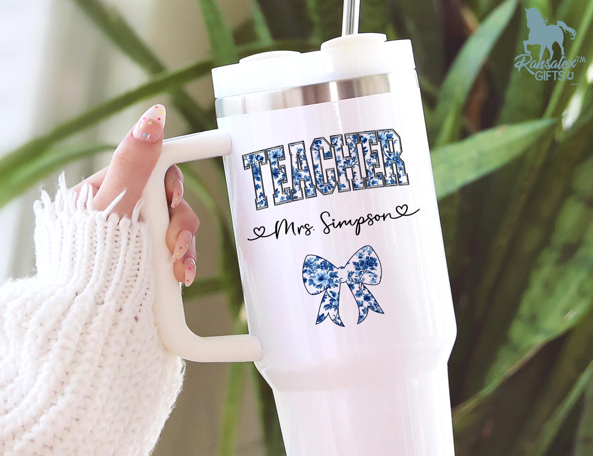 Personalized Teacher Tumbler – Blue Chinoiserie Flower Pattern with Custom Name &amp; Bow – Unique Teacher Gift