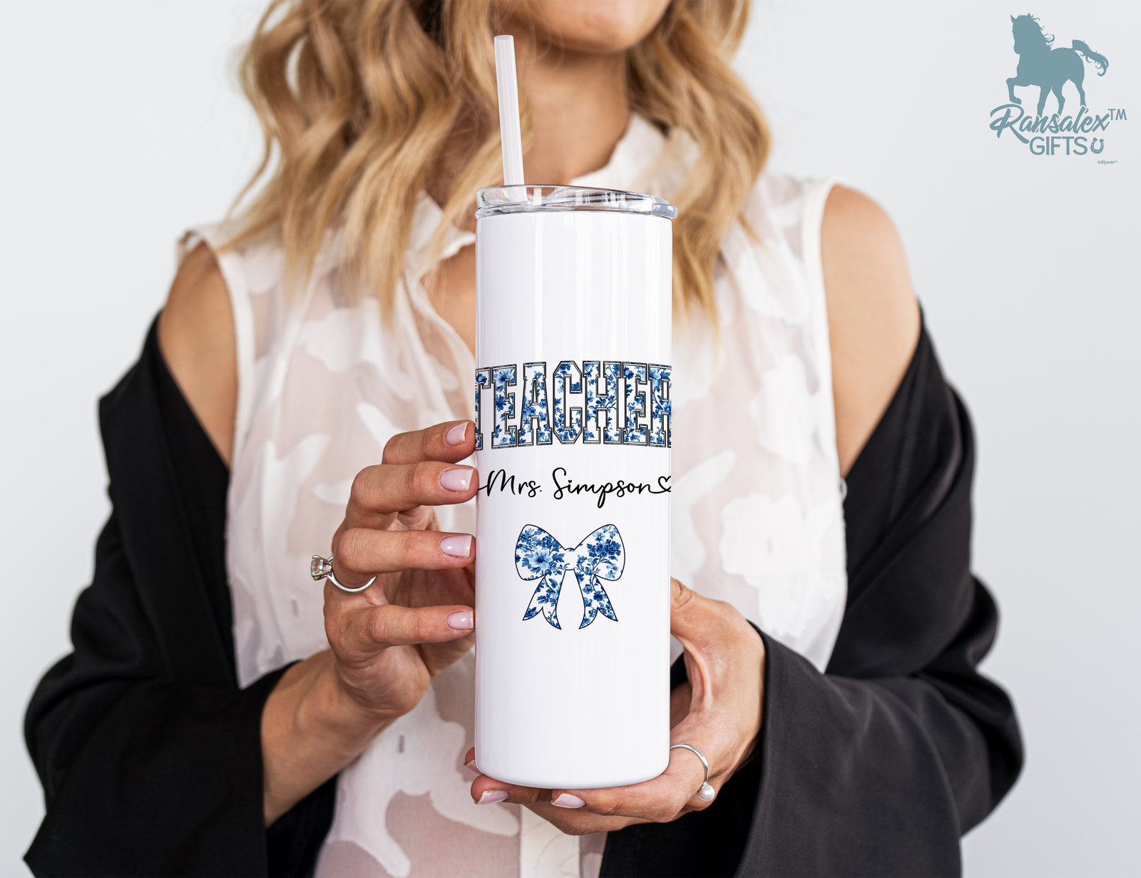 Personalized Teacher Tumbler – Blue Chinoiserie Flower Pattern with Custom Name & Bow – Unique Teacher Gift