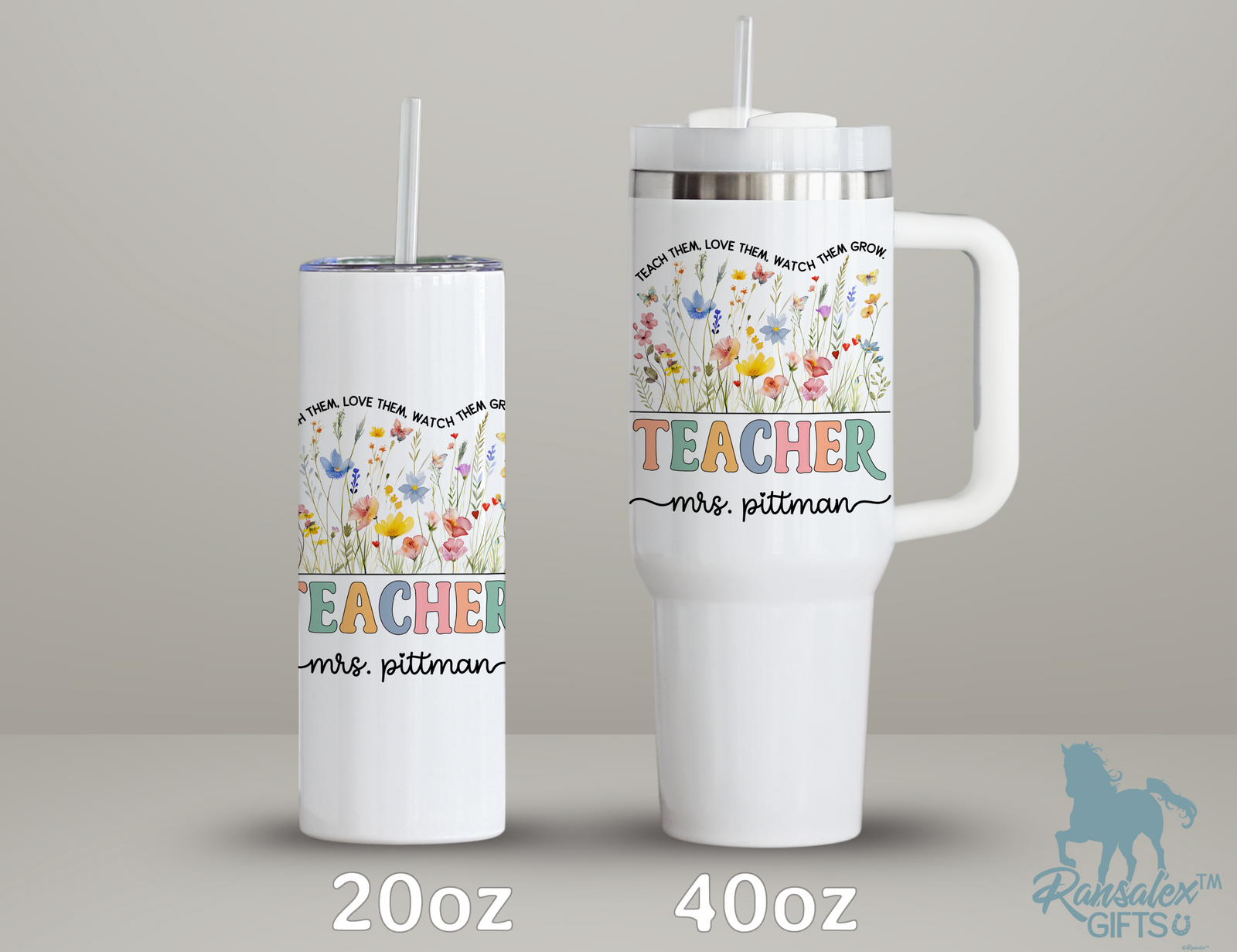 Personalized Teacher Tumbler – Watercolor Wildflowers Custom Name – Unique Teacher Gift - Teach Them Love Them