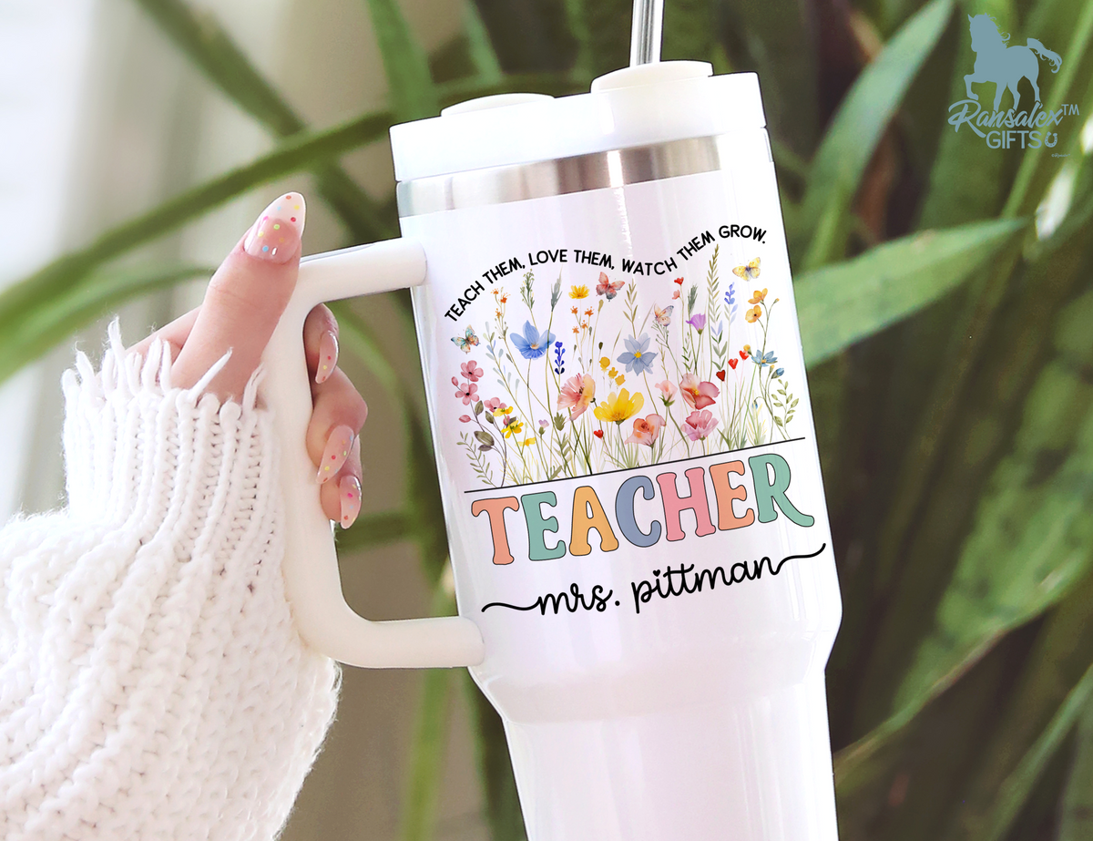 Personalized Teacher Tumbler – Watercolor Wildflowers Custom Name – Unique Teacher Gift - Teach Them Love Them