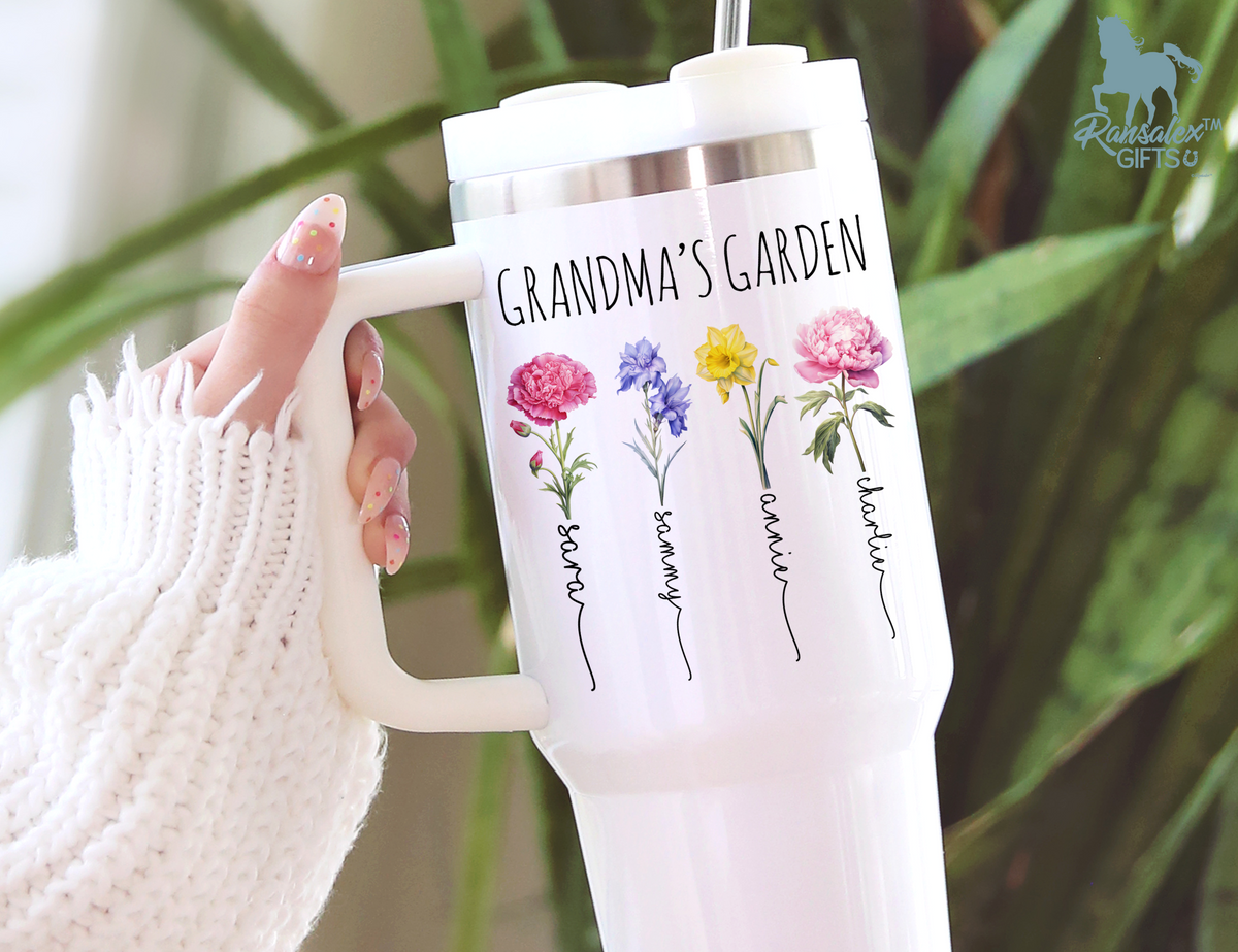 Grandma's Garden Tumbler - Personalized Birth Flower Kids' Names Tumbler - Mother's Day Christmas Birthday Gift Idea