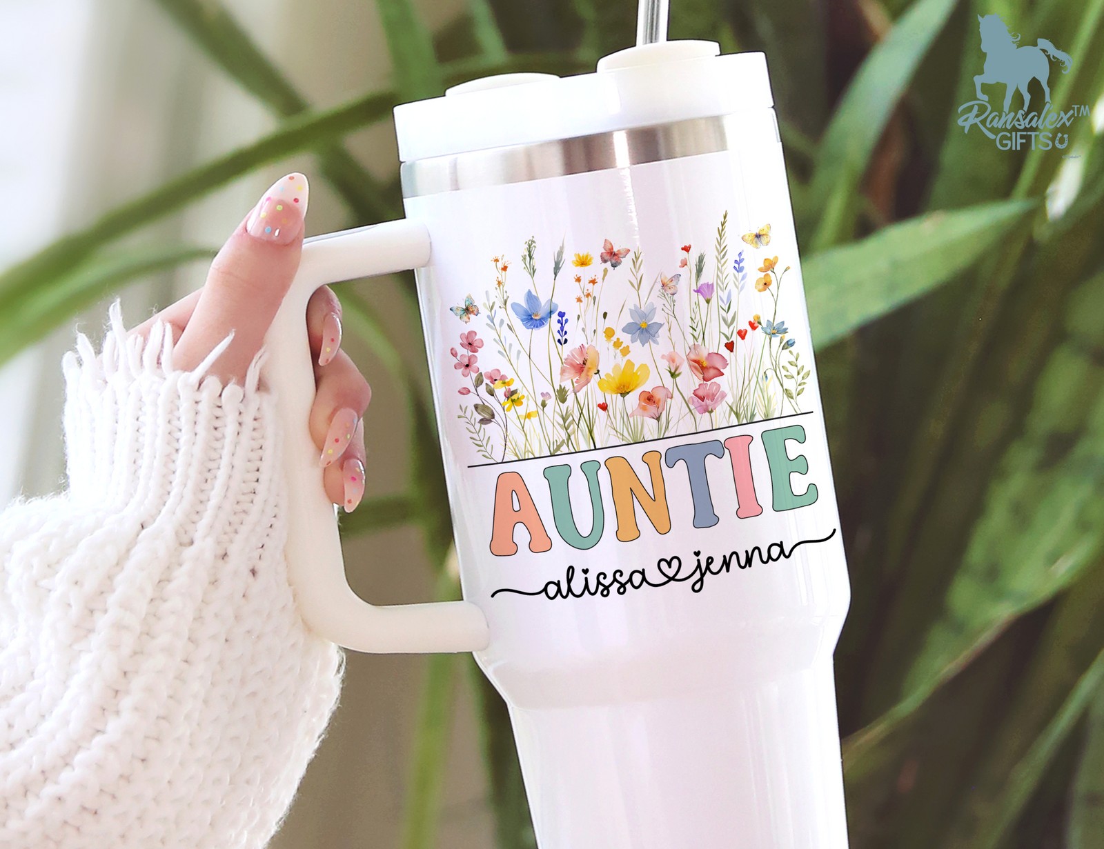 Personalized AuntieTumbler – Wild Flowers Kids' Custom Name – Auntie to Be Announcement Gift Idea (V2)