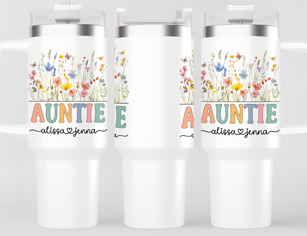 Personalized AuntieTumbler – Wild Flowers Kids' Custom Name – Auntie to Be Announcement Gift Idea (V2)