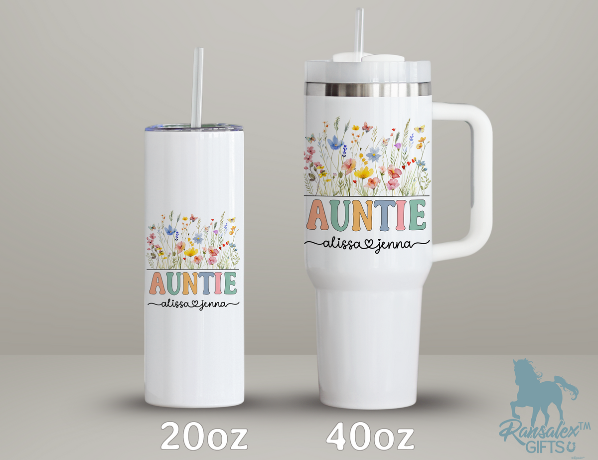 Personalized AuntieTumbler – Wild Flowers Kids' Custom Name – Auntie to Be Announcement Gift Idea (V2)