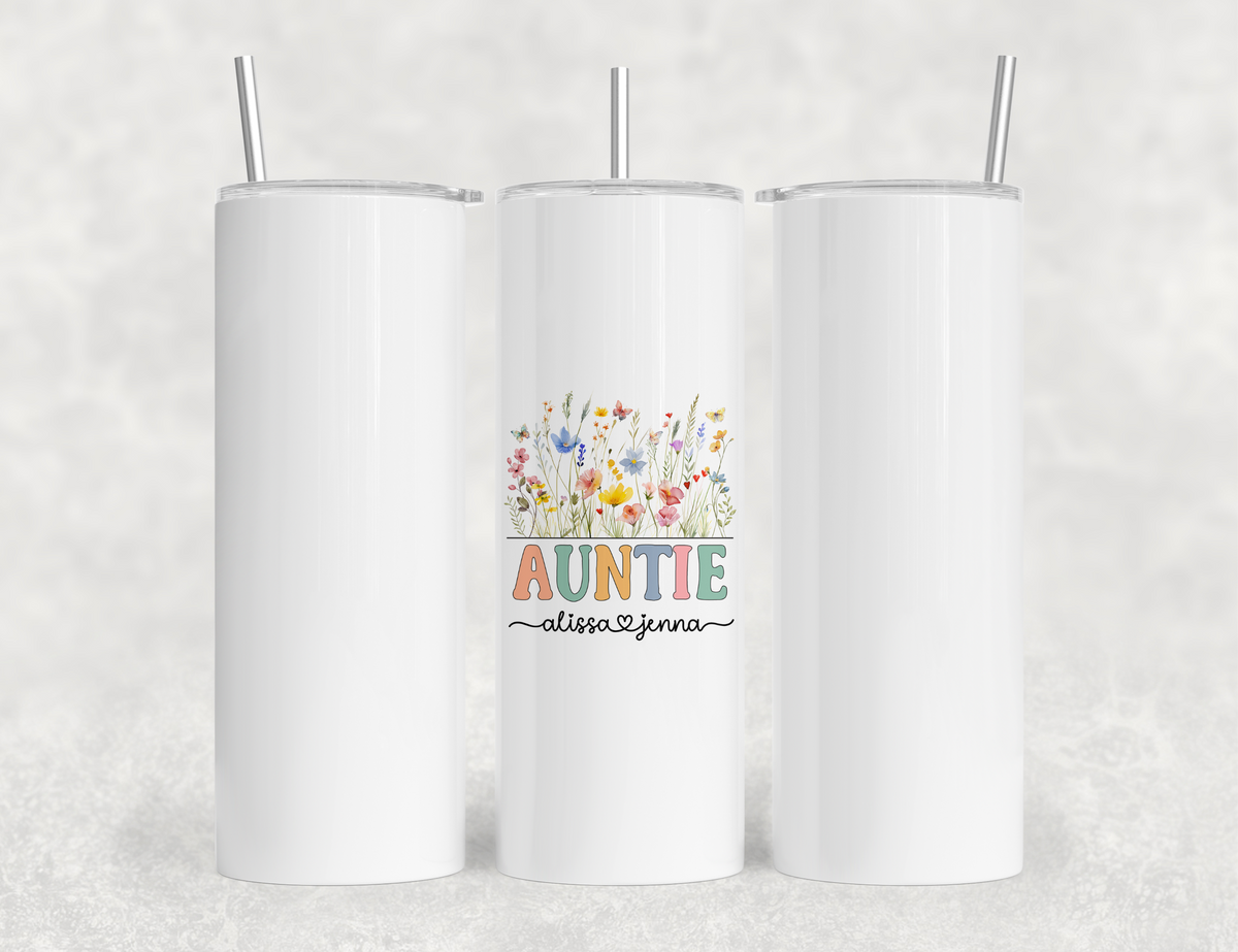 Personalized AuntieTumbler – Wild Flowers Kids' Custom Name – Auntie to Be Announcement Gift Idea (V2)