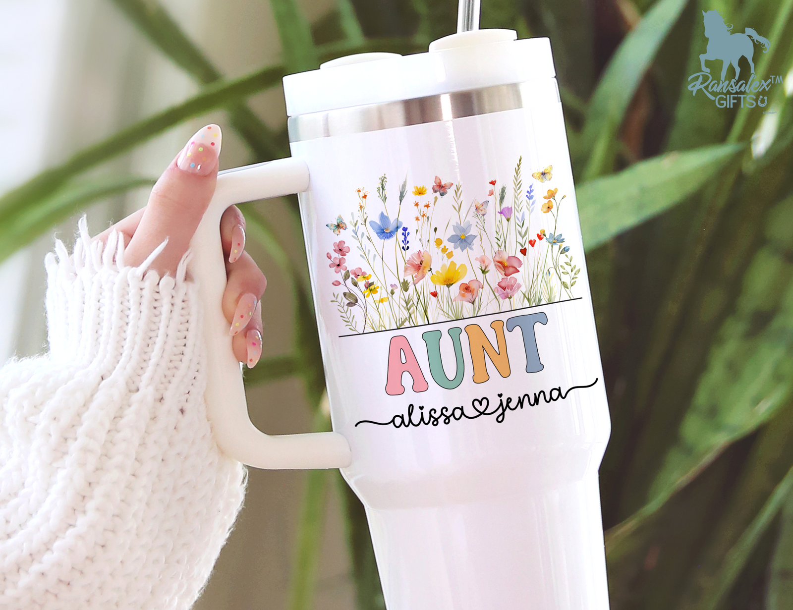 Personalized Aunt Tumbler – Wild Flowers Kids' Custom Name – Aunt to Be Announcement Gifts