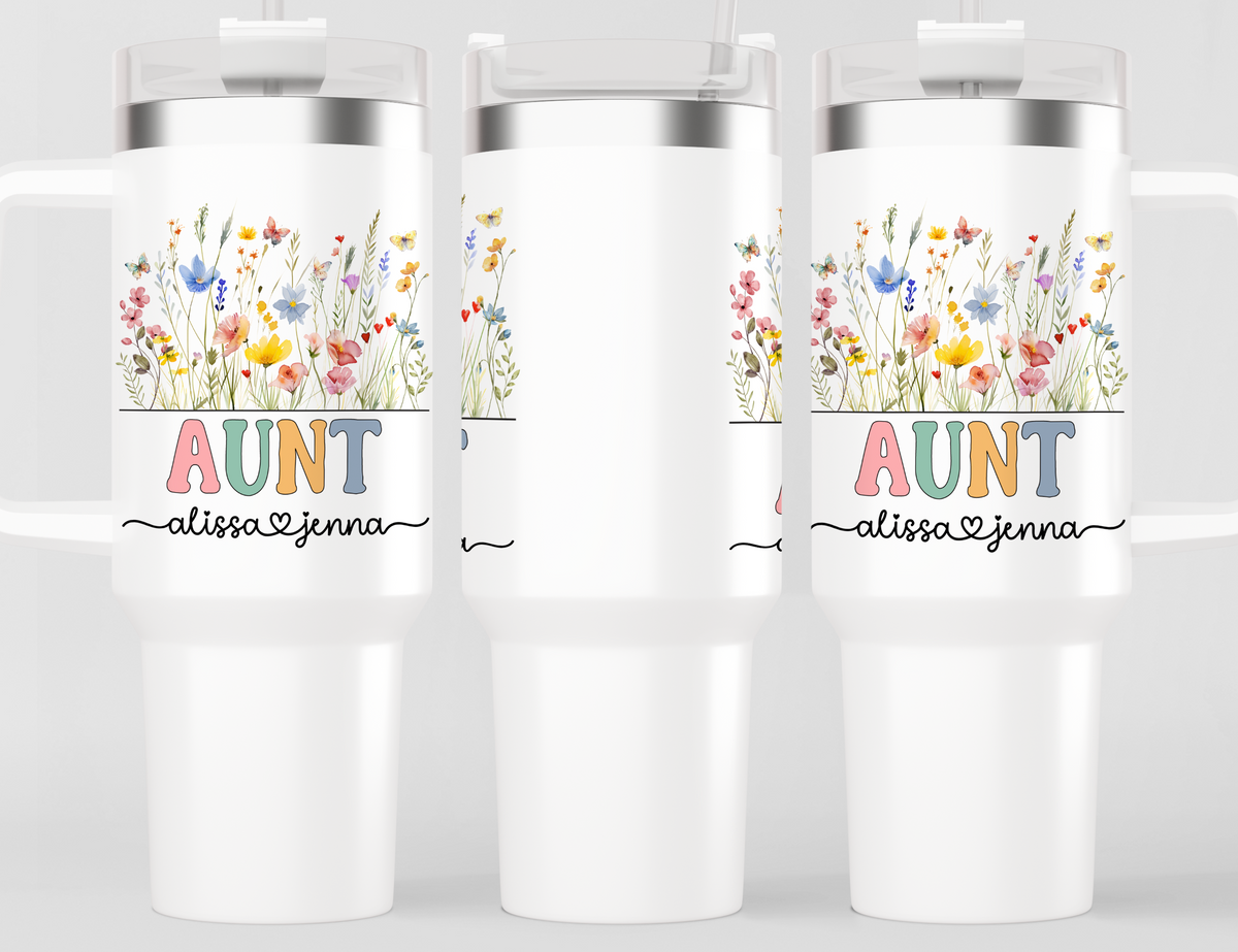 Personalized Aunt Tumbler – Wild Flowers Kids' Custom Name – Aunt to Be Announcement Gifts