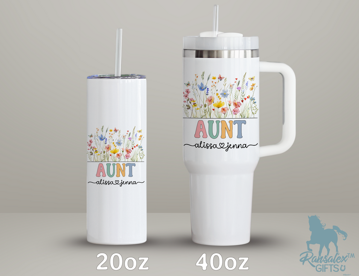 Personalized Aunt Tumbler – Wild Flowers Kids' Custom Name – Aunt to Be Announcement Gifts