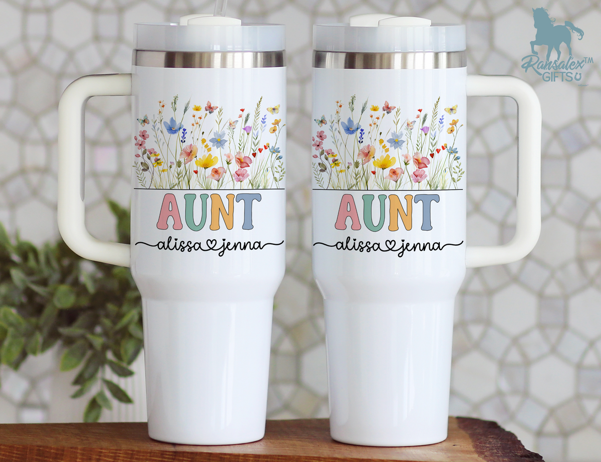 Personalized Aunt Tumbler – Wild Flowers Kids' Custom Name – Aunt to Be Announcement Gifts