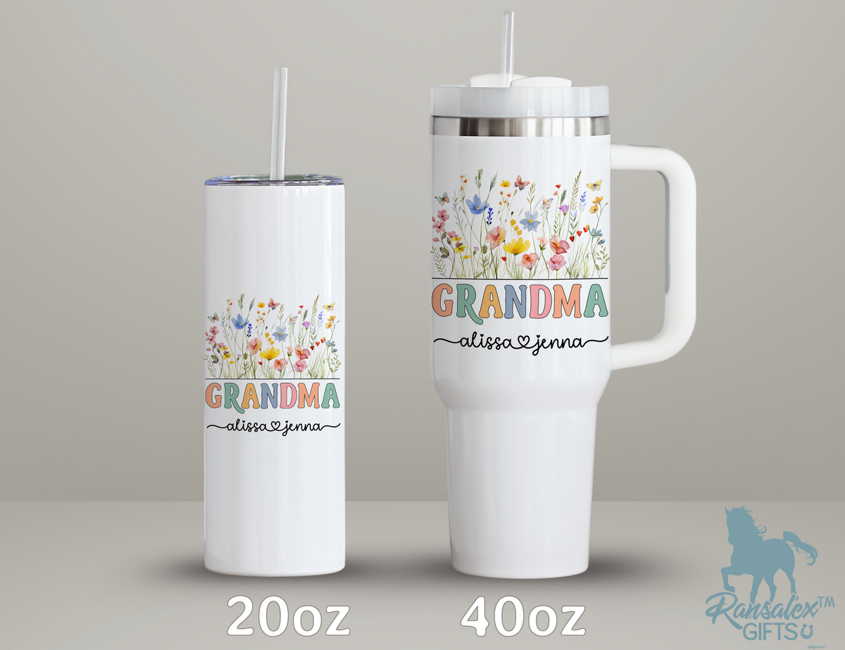 Personalized Grandma Tumbler – Wild Flowers Custom Kids' Names – Unique Grandma Gift - Mother's Day Gifts