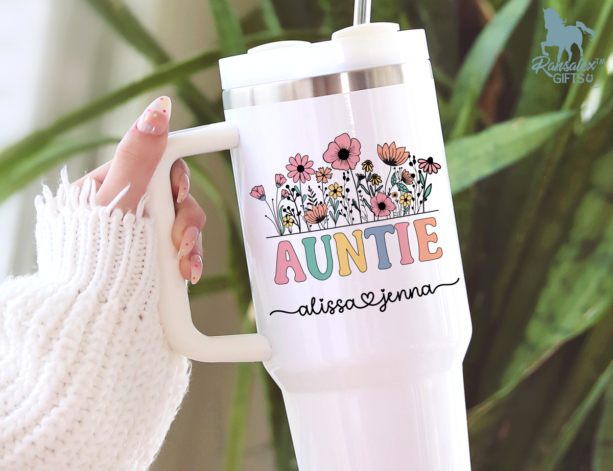 Personalized AuntieTumbler – Wild Flowers Kids' Custom Name – Auntie to Be Announcement Gift Idea