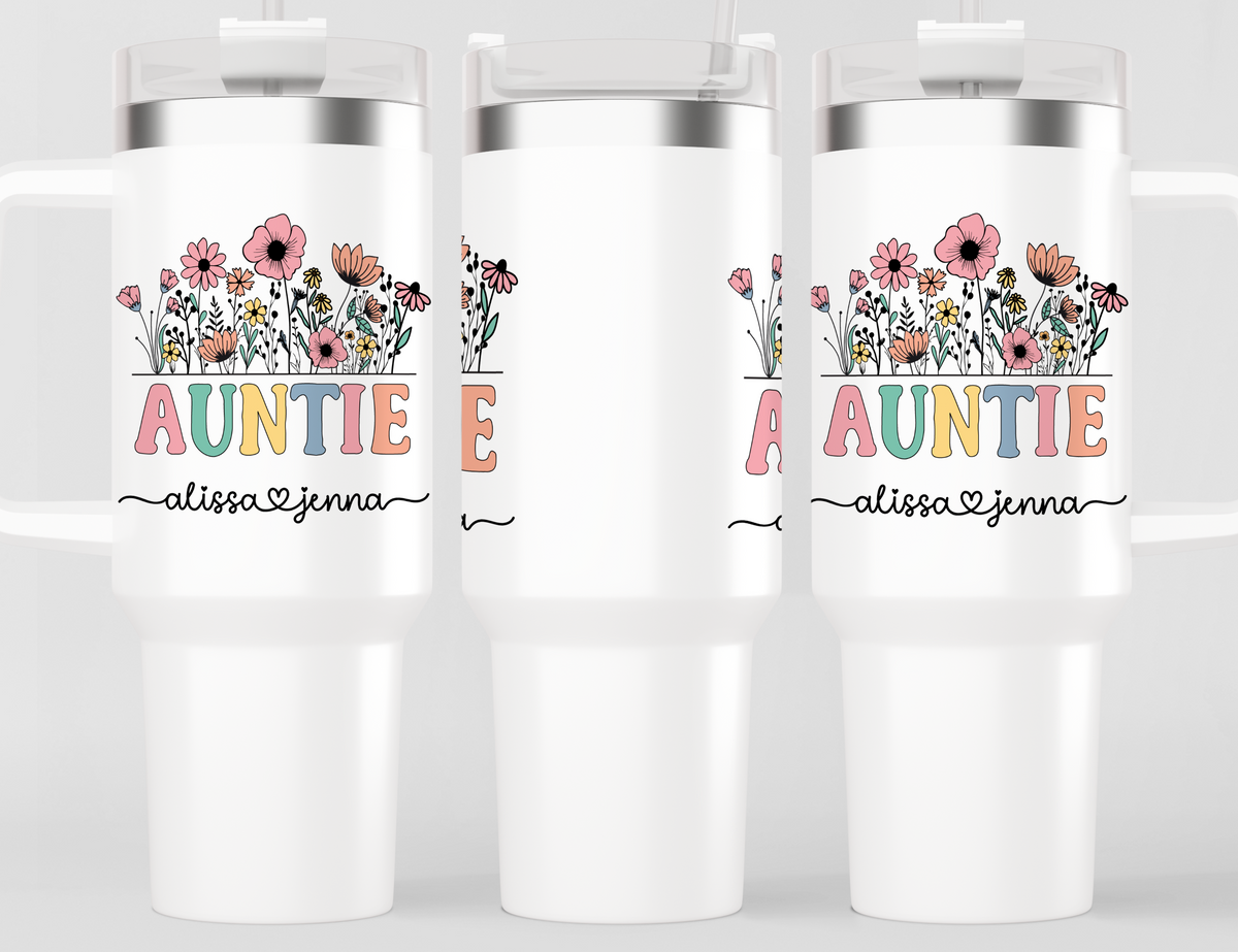 Personalized AuntieTumbler – Wild Flowers Kids' Custom Name – Auntie to Be Announcement Gift Idea