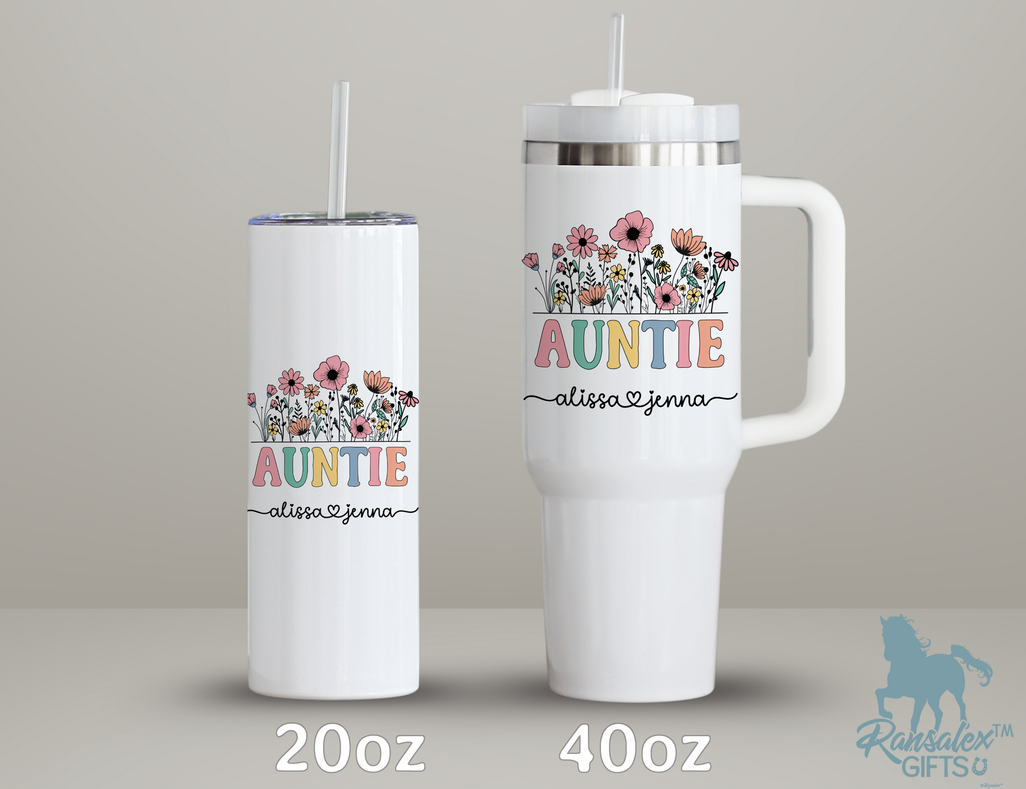 Personalized AuntieTumbler – Wild Flowers Kids' Custom Name – Auntie to Be Announcement Gift Idea