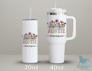 Personalized AuntieTumbler – Wild Flowers Kids' Custom Name – Auntie to Be Announcement Gift Idea