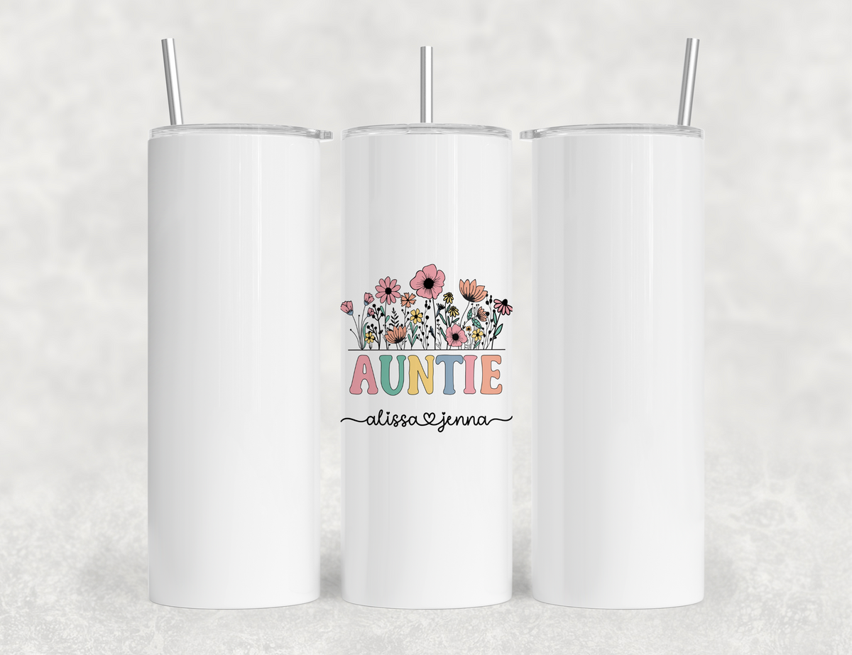 Personalized AuntieTumbler – Wild Flowers Kids' Custom Name – Auntie to Be Announcement Gift Idea
