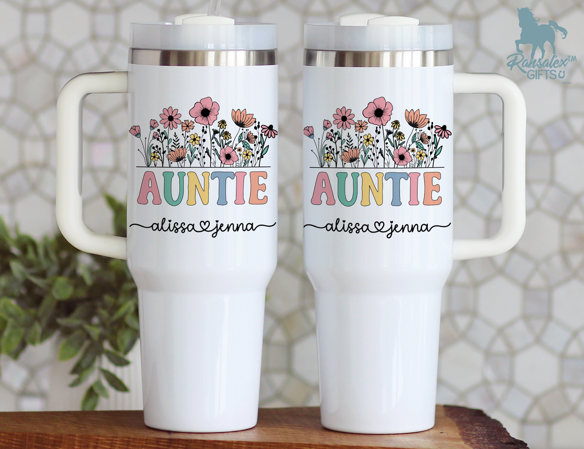 Personalized AuntieTumbler – Wild Flowers Kids' Custom Name – Auntie to Be Announcement Gift Idea