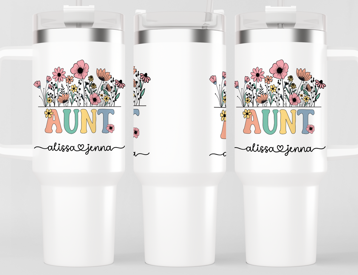 Personalized Aunt Tumbler – Wild Flowers Kids' Custom Name – Aunt to Be Announcement Gift Idea