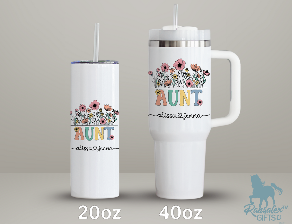 Personalized Aunt Tumbler – Wild Flowers Kids' Custom Name – Aunt to Be Announcement Gift Idea