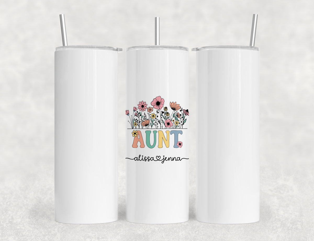 Personalized Aunt Tumbler – Wild Flowers Kids' Custom Name – Aunt to Be Announcement Gift Idea