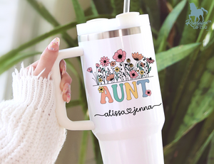 Personalized Aunt Tumbler – Wild Flowers Kids' Custom Name – Aunt to Be Announcement Gift Idea