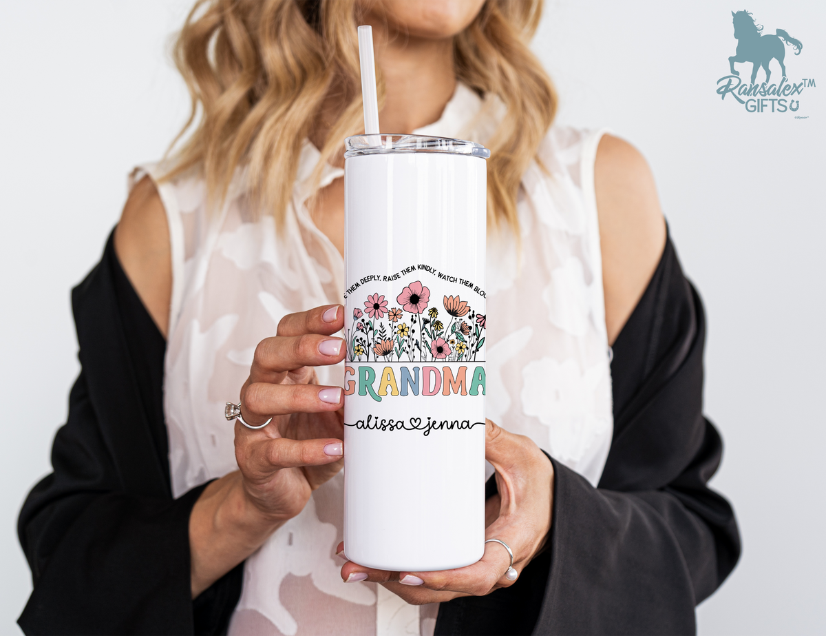 Personalized Grandma Tumbler – Wild Flowers Kids' Custom Name – Unique Grandma Gift - Mother's Day Gift Idea