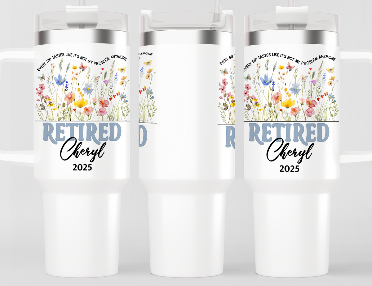Personalized Retirement Tumbler | Custom Name Stainless Steel Travel Cup | Wildflowers
