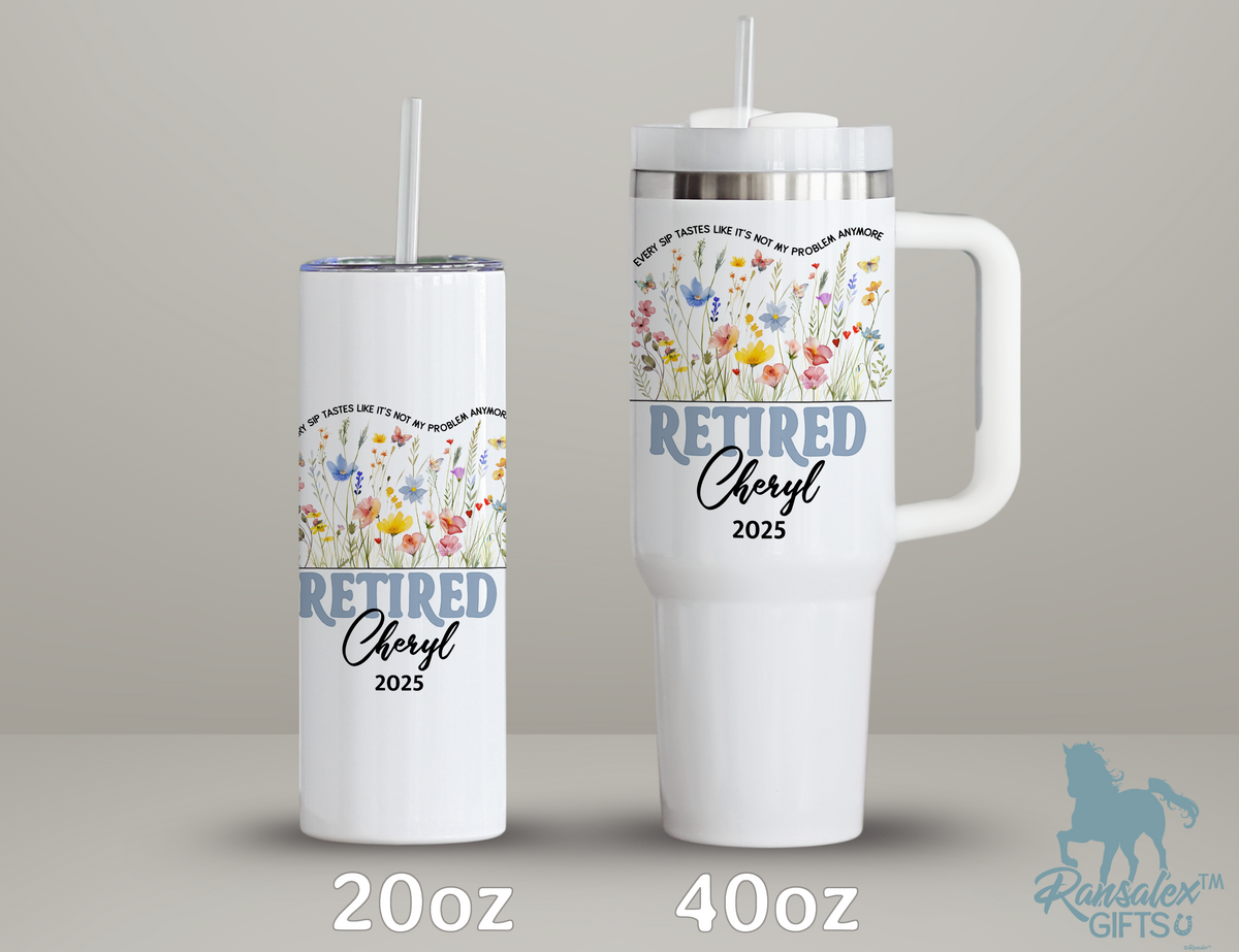 Personalized Retirement Tumbler | Custom Name Stainless Steel Travel Cup | Wildflowers