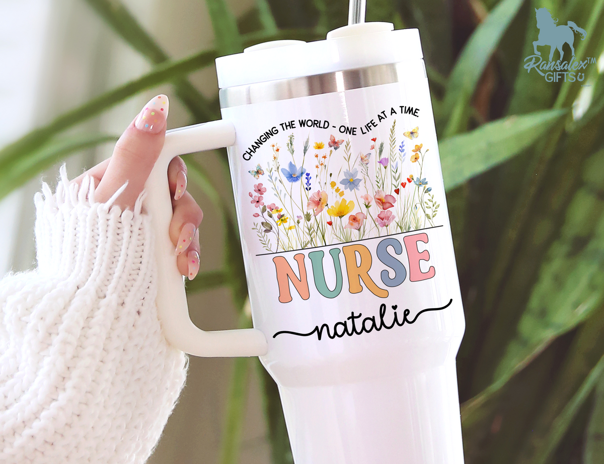 Personalized Nurse Tumbler – Wild Flowers Custom Nurse Name – Nurse Graduation Gift Idea (V2)