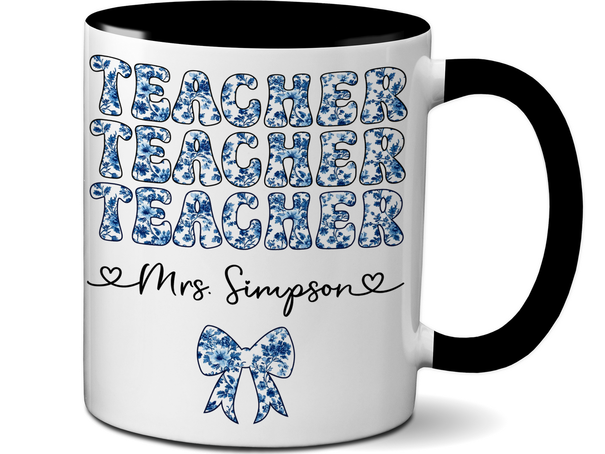Personalized Teacher Mug – Blue Chinoiserie Flower Pattern with Custom Name & Bow – Teacher Appreciation Gift V3